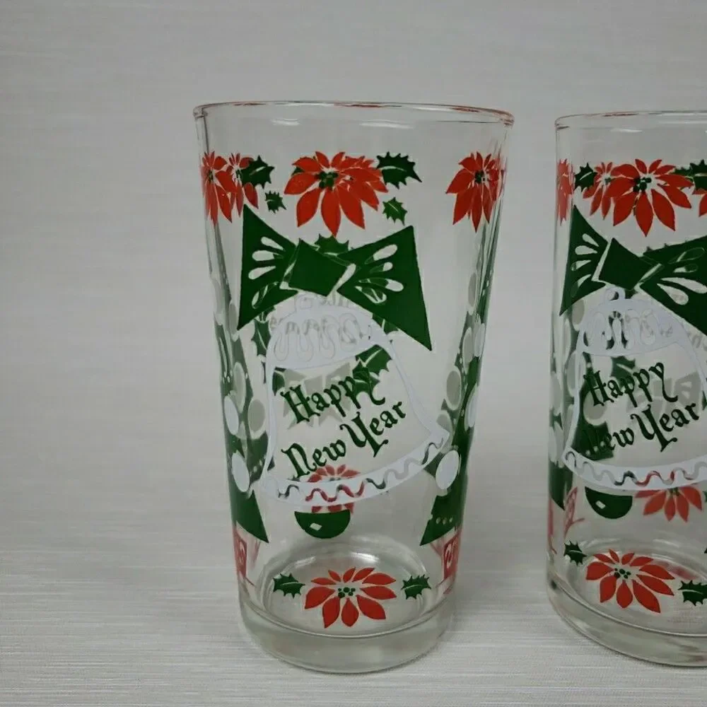 Vintage 7 Merry Christmas Happy New Year Cups Tumblers Continental Glass MCM